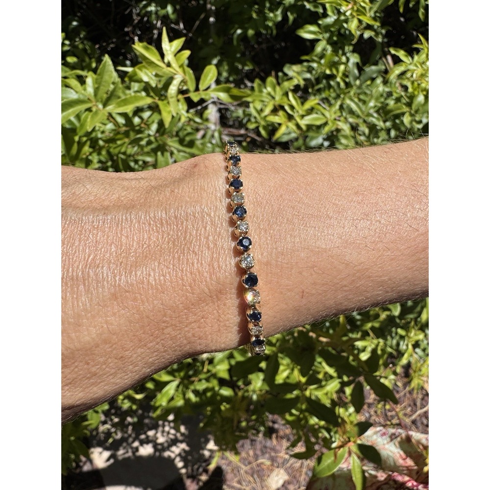 Vintage 14k Solid Gold Natural Sapphire High Quality Diamond Tennis‎ Bracelet